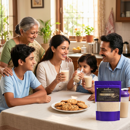"Family enjoying Habbitree Cookies Crumble healthy nutrition drink made with nuts, seeds and protein"