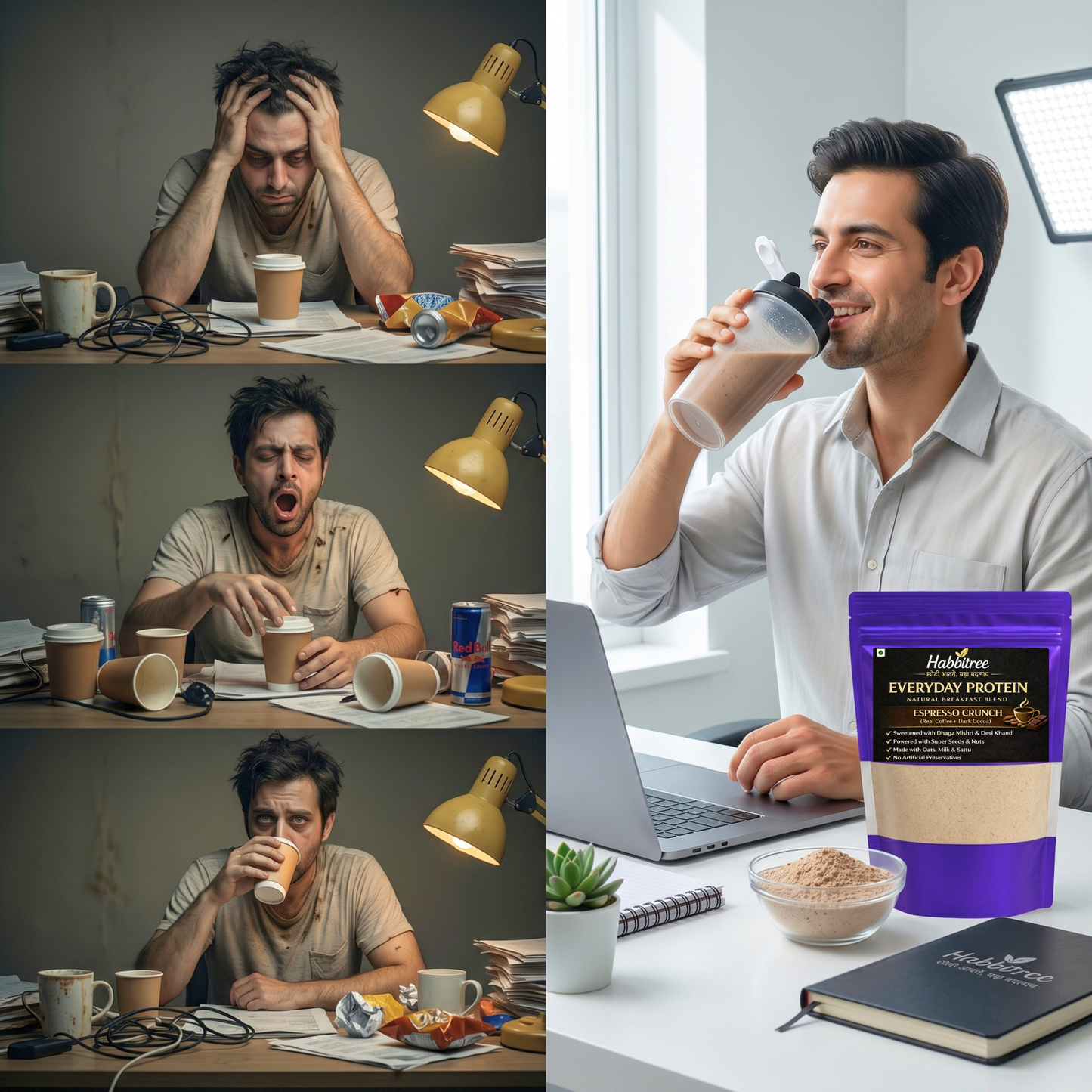 Healthy vs junk energy comparison showing tired man drinking coffee and energy drinks versus productive man drinking Habbitree Espresso Crunch everyday protein shake while working on laptop
