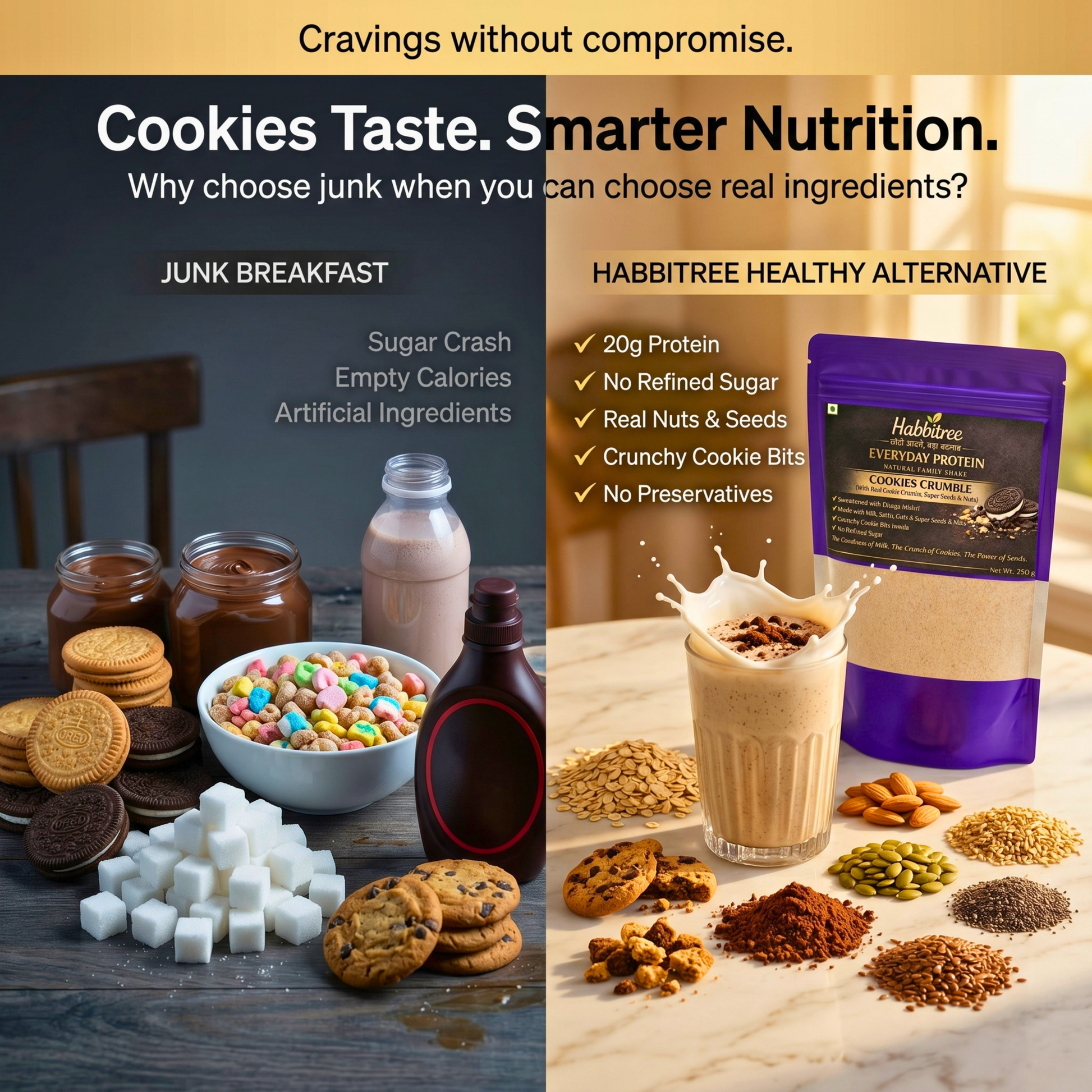 "Healthy cookies protein shake comparison showing Habbitree vs junk sugary breakfast alternatives"