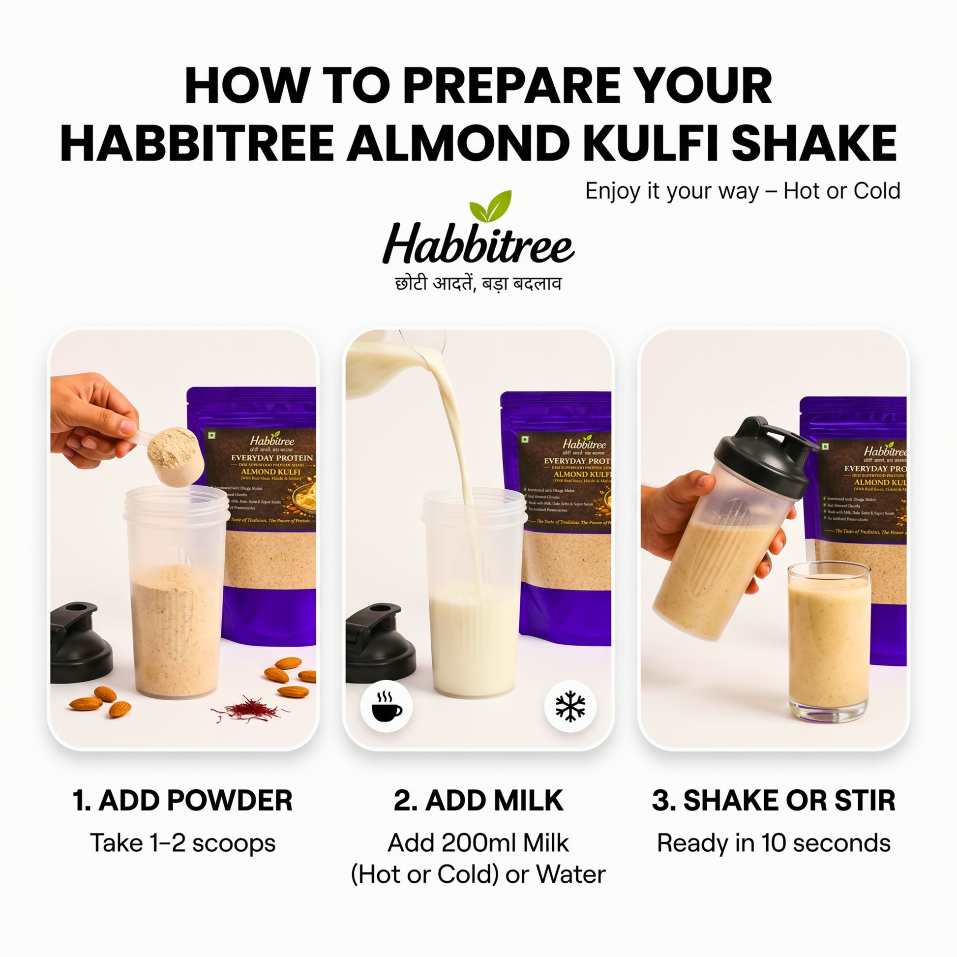 How to prepare Habbitree Almond Kulfi protein shake with step-by-step instructions using milk or water in 10 seconds