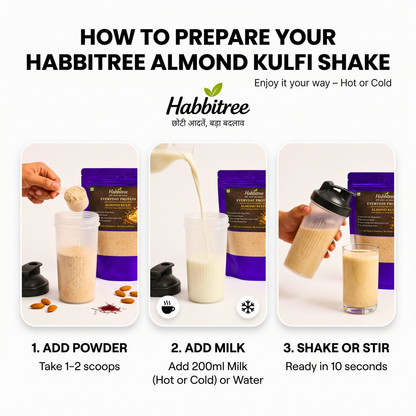 How to prepare Habbitree Almond Kulfi protein shake with step-by-step instructions using milk or water in 10 seconds