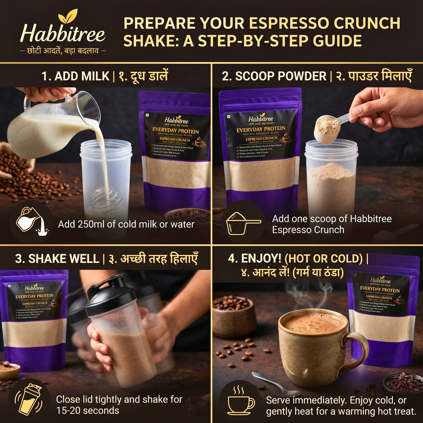 Step-by-step guide showing how to prepare Habbitree Espresso Crunch protein shake by adding milk, scooping powder, shaking well and enjoying hot or cold beverage