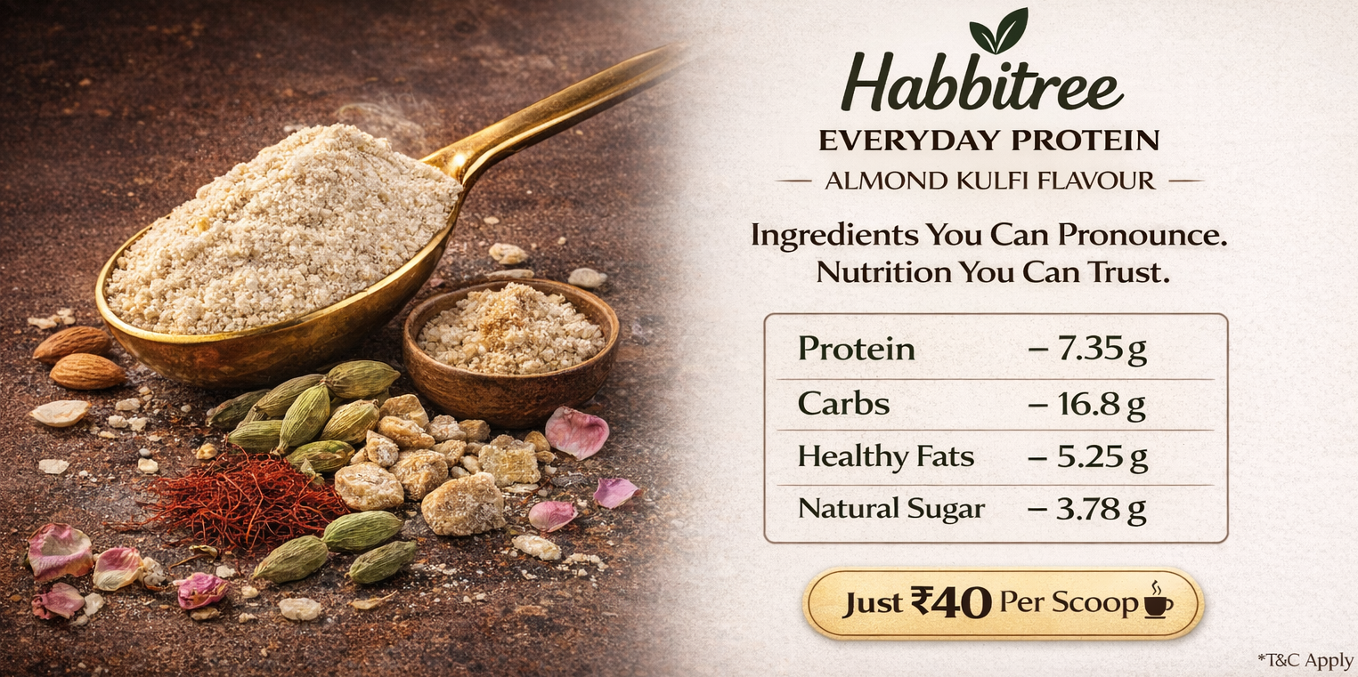 Habbitree Everyday Protein with ingredients and nutritional information on a rustic background